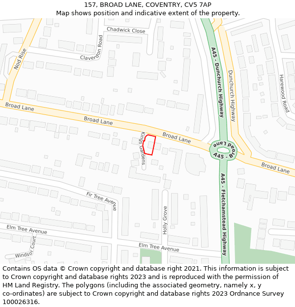 157, BROAD LANE, COVENTRY, CV5 7AP: Location map and indicative extent of plot