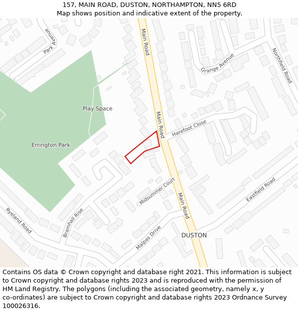 157, MAIN ROAD, DUSTON, NORTHAMPTON, NN5 6RD: Location map and indicative extent of plot