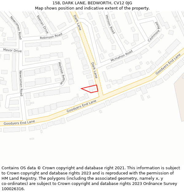 158, DARK LANE, BEDWORTH, CV12 0JG: Location map and indicative extent of plot