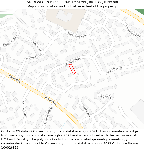 158, DEWFALLS DRIVE, BRADLEY STOKE, BRISTOL, BS32 9BU: Location map and indicative extent of plot