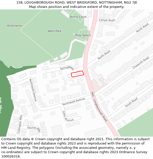 158, LOUGHBOROUGH ROAD, WEST BRIDGFORD, NOTTINGHAM, NG2 7JE: Location map and indicative extent of plot
