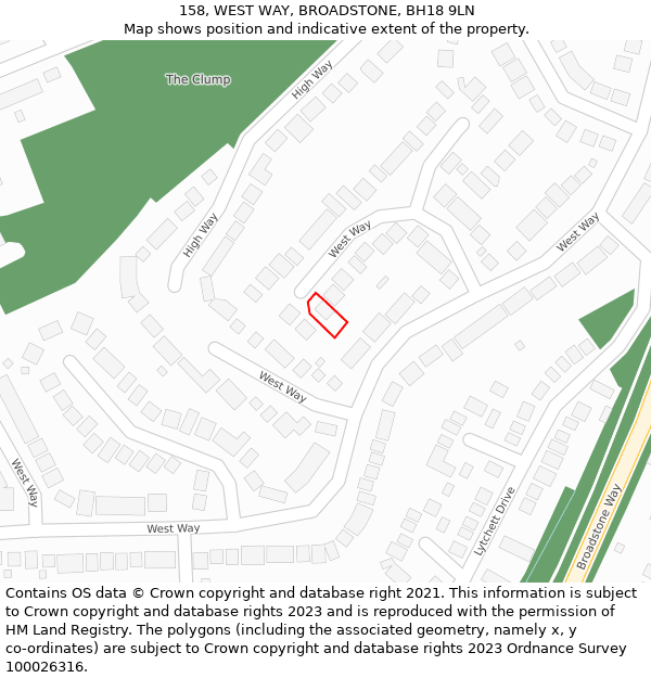 158, WEST WAY, BROADSTONE, BH18 9LN: Location map and indicative extent of plot