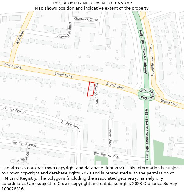 159, BROAD LANE, COVENTRY, CV5 7AP: Location map and indicative extent of plot