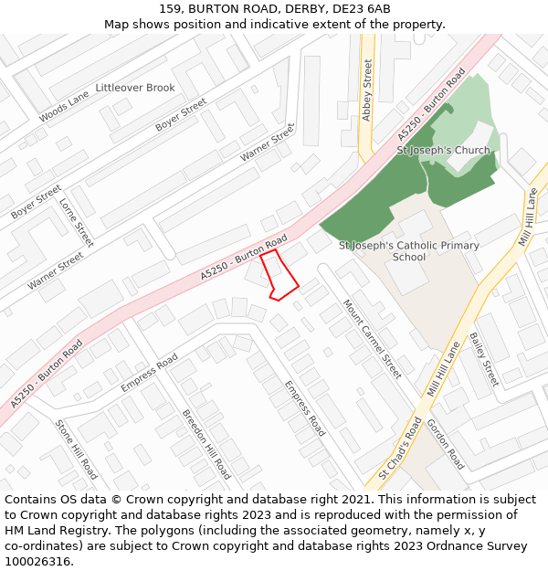 159, BURTON ROAD, DERBY, DE23 6AB: Location map and indicative extent of plot