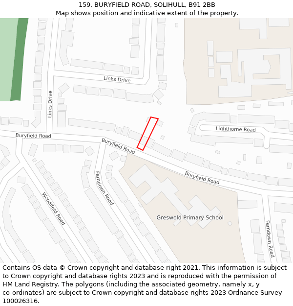 159, BURYFIELD ROAD, SOLIHULL, B91 2BB: Location map and indicative extent of plot