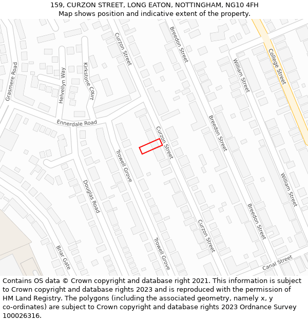 159, CURZON STREET, LONG EATON, NOTTINGHAM, NG10 4FH: Location map and indicative extent of plot