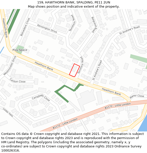 159, HAWTHORN BANK, SPALDING, PE11 2UN: Location map and indicative extent of plot