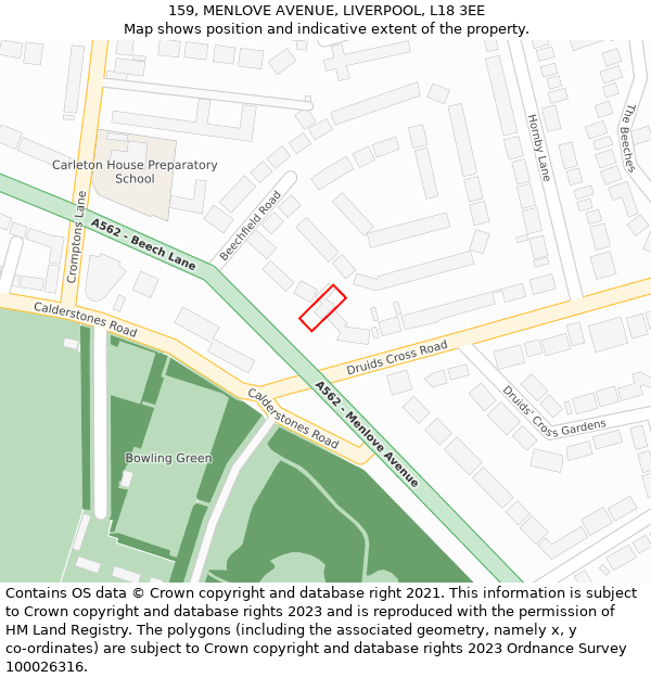 159, MENLOVE AVENUE, LIVERPOOL, L18 3EE: Location map and indicative extent of plot