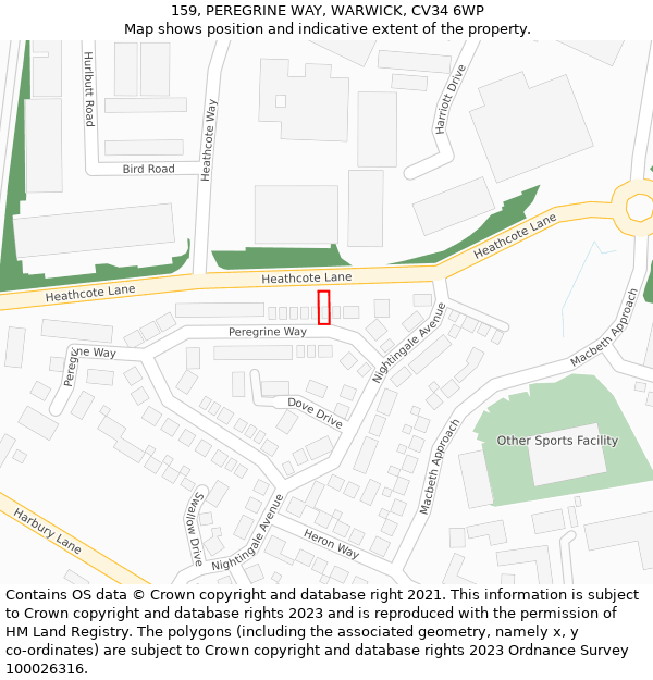 159, PEREGRINE WAY, WARWICK, CV34 6WP: Location map and indicative extent of plot