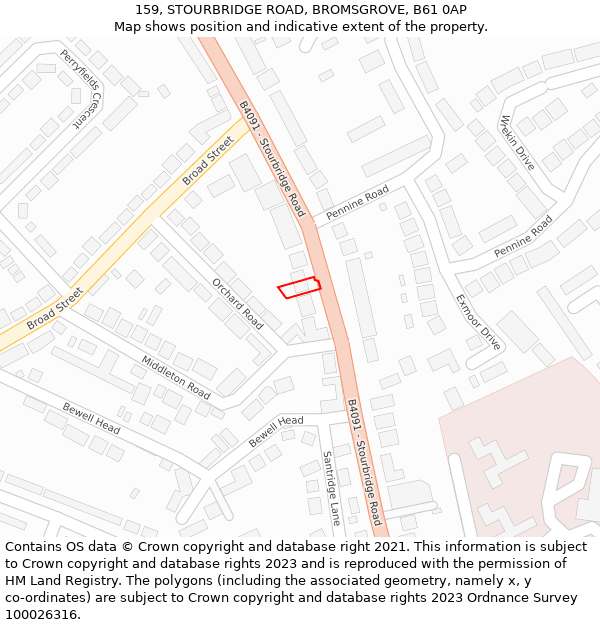 159, STOURBRIDGE ROAD, BROMSGROVE, B61 0AP: Location map and indicative extent of plot