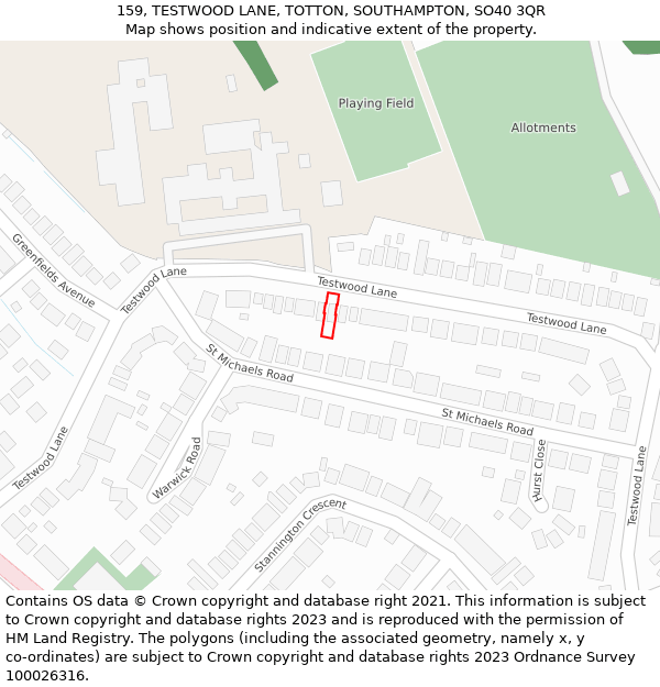 159, TESTWOOD LANE, TOTTON, SOUTHAMPTON, SO40 3QR: Location map and indicative extent of plot