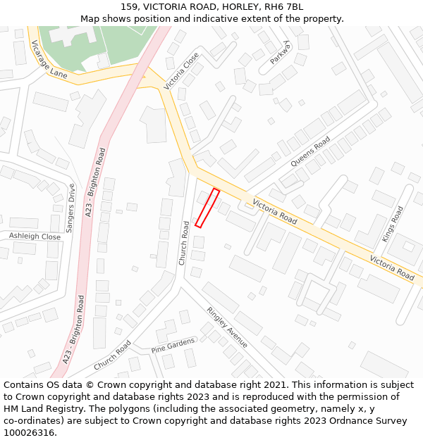 159, VICTORIA ROAD, HORLEY, RH6 7BL: Location map and indicative extent of plot