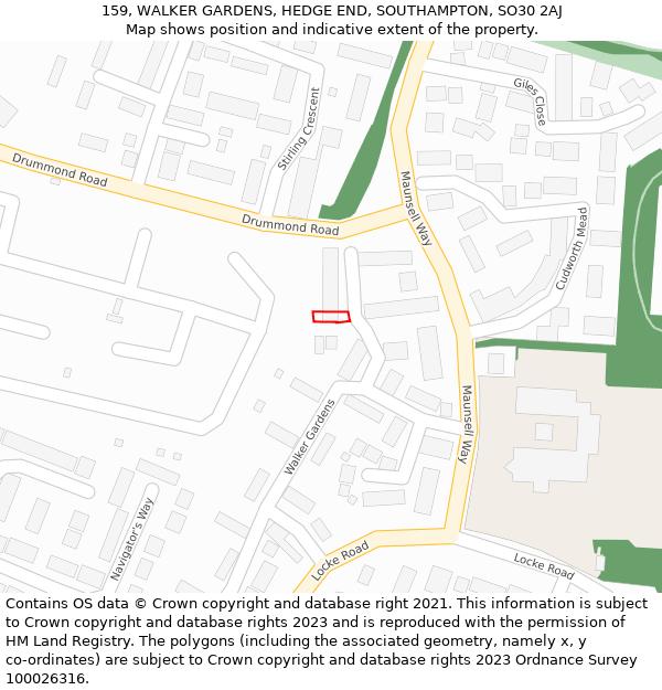 159, WALKER GARDENS, HEDGE END, SOUTHAMPTON, SO30 2AJ: Location map and indicative extent of plot