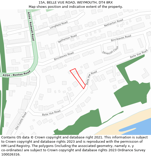 15A, BELLE VUE ROAD, WEYMOUTH, DT4 8RX: Location map and indicative extent of plot