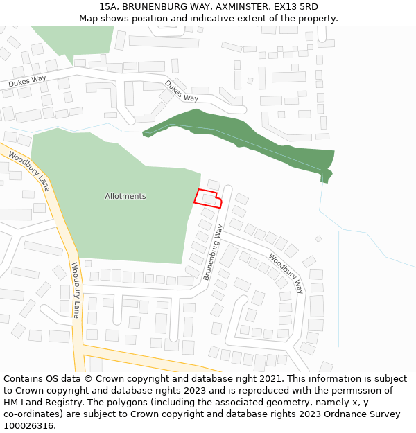 15A, BRUNENBURG WAY, AXMINSTER, EX13 5RD: Location map and indicative extent of plot