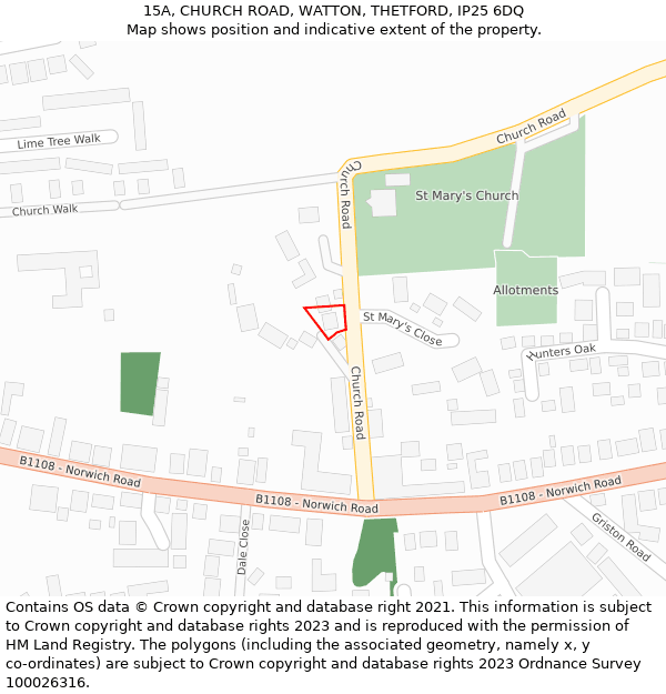 15A, CHURCH ROAD, WATTON, THETFORD, IP25 6DQ: Location map and indicative extent of plot