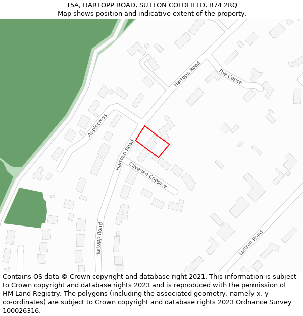 15A, HARTOPP ROAD, SUTTON COLDFIELD, B74 2RQ: Location map and indicative extent of plot