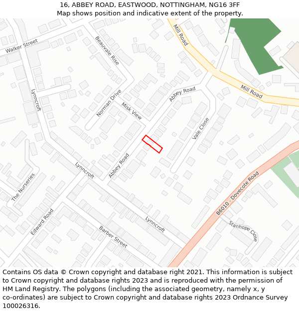16, ABBEY ROAD, EASTWOOD, NOTTINGHAM, NG16 3FF: Location map and indicative extent of plot