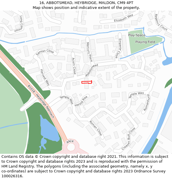 16, ABBOTSMEAD, HEYBRIDGE, MALDON, CM9 4PT: Location map and indicative extent of plot