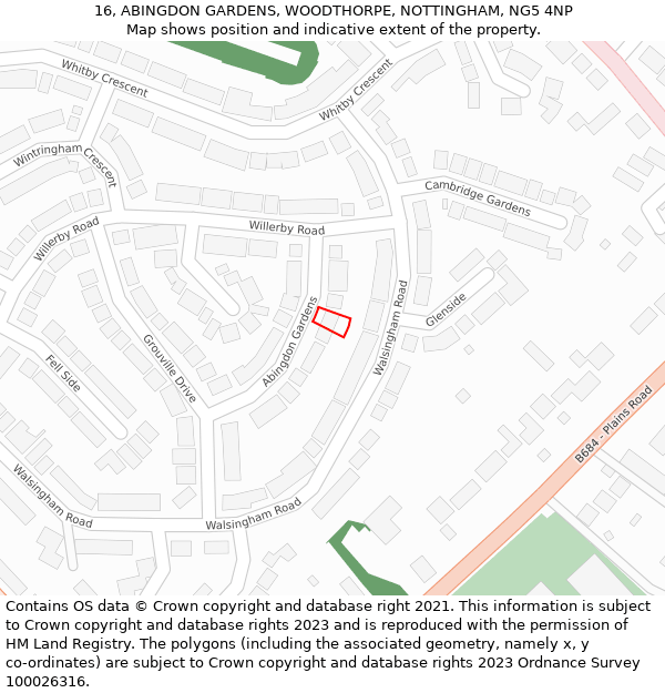 16, ABINGDON GARDENS, WOODTHORPE, NOTTINGHAM, NG5 4NP: Location map and indicative extent of plot