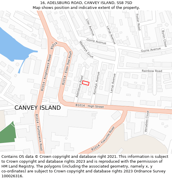 16, ADELSBURG ROAD, CANVEY ISLAND, SS8 7SD: Location map and indicative extent of plot