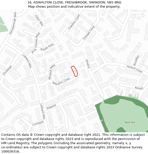 16, ADWALTON CLOSE, FRESHBROOK, SWINDON, SN5 8NG: Location map and indicative extent of plot