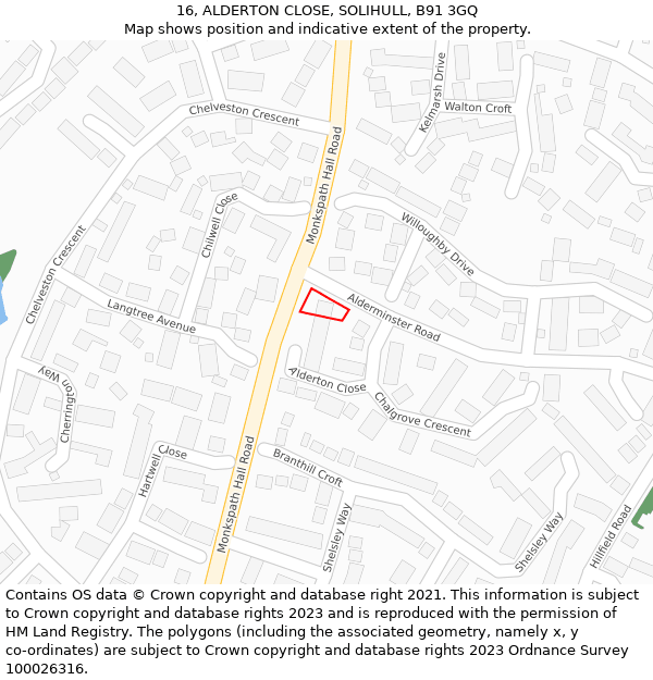 16, ALDERTON CLOSE, SOLIHULL, B91 3GQ: Location map and indicative extent of plot