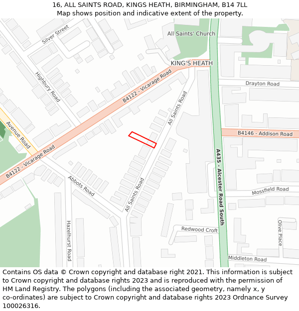 16, ALL SAINTS ROAD, KINGS HEATH, BIRMINGHAM, B14 7LL: Location map and indicative extent of plot