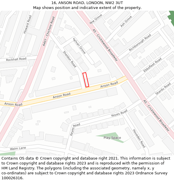 16, ANSON ROAD, LONDON, NW2 3UT: Location map and indicative extent of plot