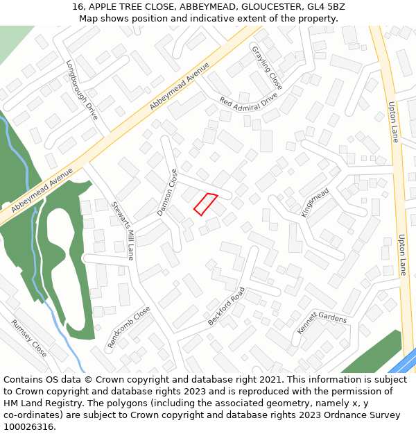 16, APPLE TREE CLOSE, ABBEYMEAD, GLOUCESTER, GL4 5BZ: Location map and indicative extent of plot