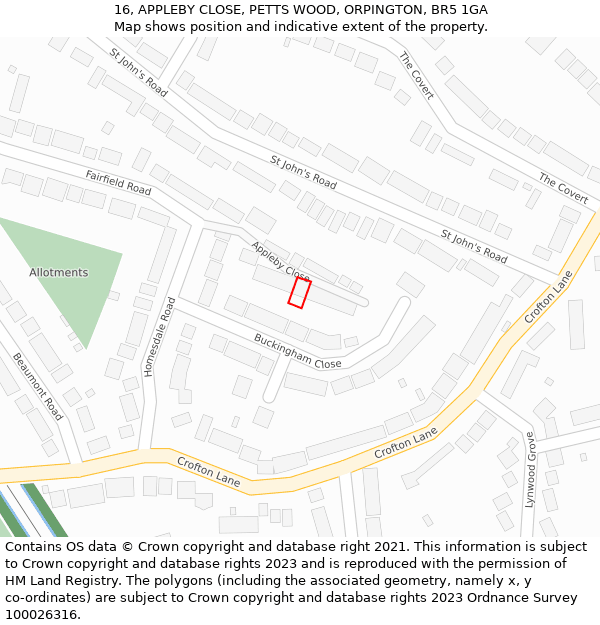 16, APPLEBY CLOSE, PETTS WOOD, ORPINGTON, BR5 1GA: Location map and indicative extent of plot
