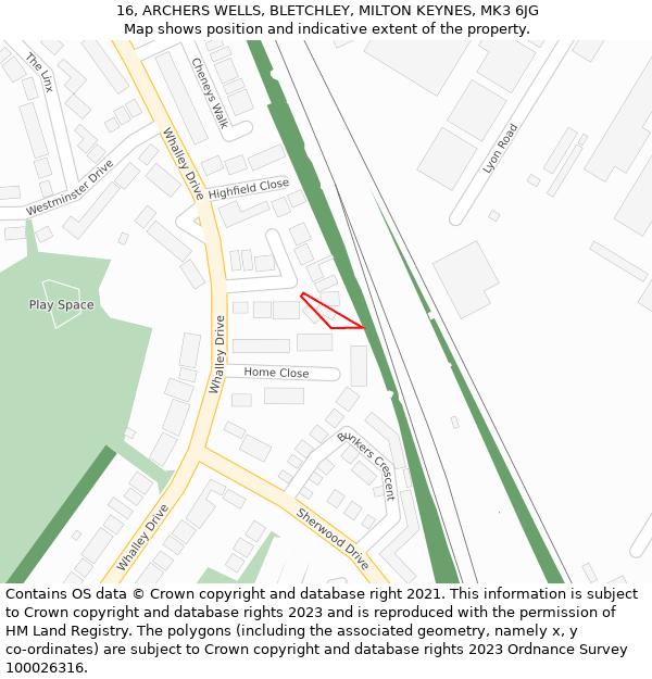 16, ARCHERS WELLS, BLETCHLEY, MILTON KEYNES, MK3 6JG: Location map and indicative extent of plot