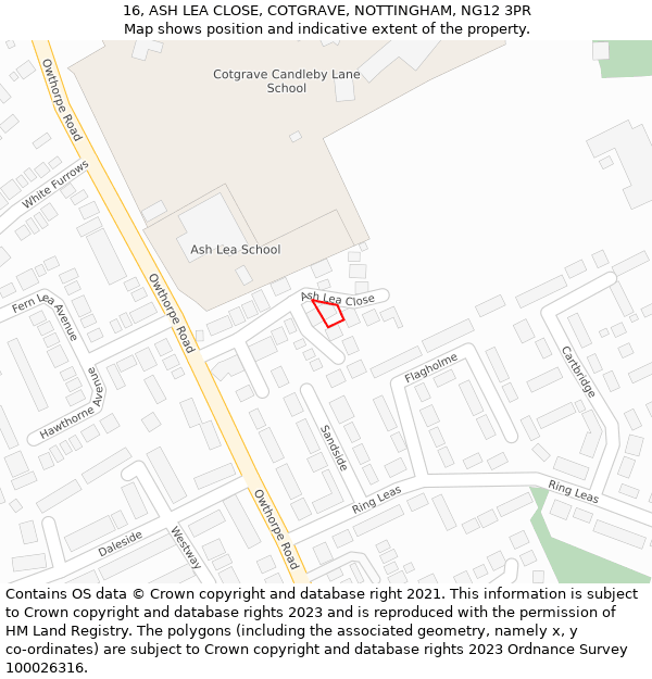 16, ASH LEA CLOSE, COTGRAVE, NOTTINGHAM, NG12 3PR: Location map and indicative extent of plot