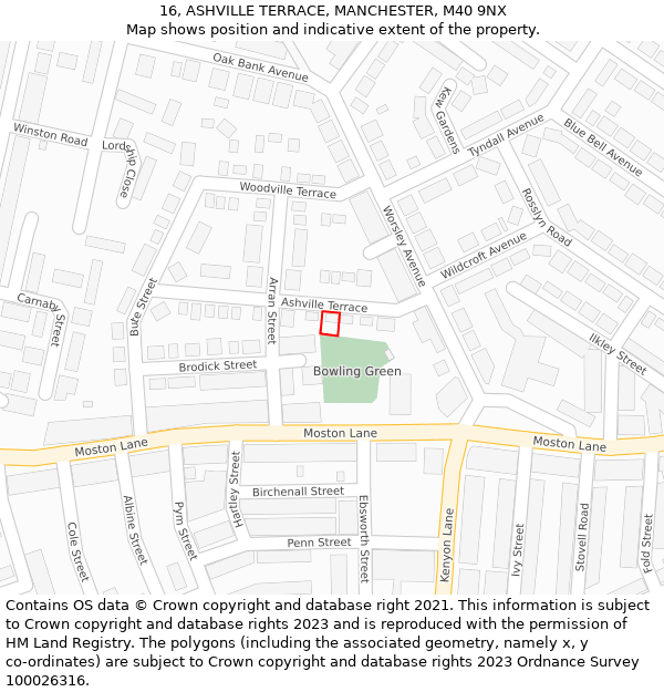 16, ASHVILLE TERRACE, MANCHESTER, M40 9NX: Location map and indicative extent of plot