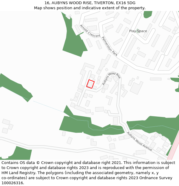 16, AUBYNS WOOD RISE, TIVERTON, EX16 5DG: Location map and indicative extent of plot