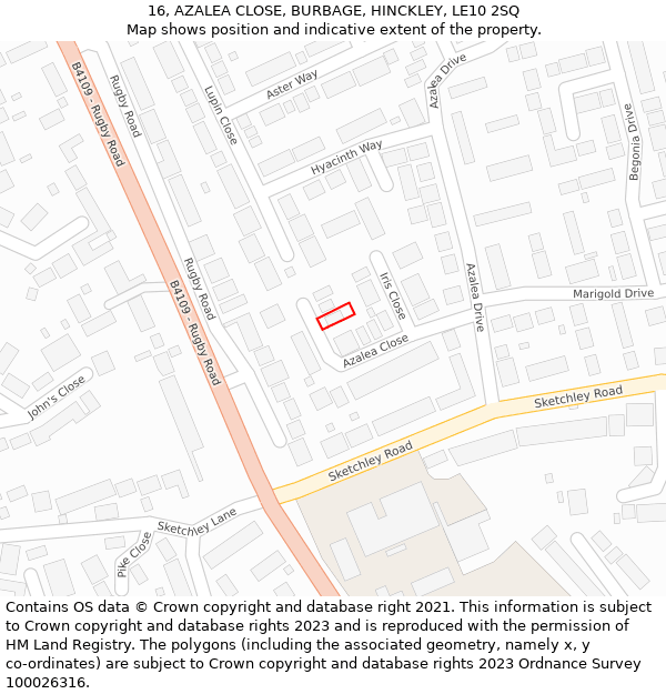 16, AZALEA CLOSE, BURBAGE, HINCKLEY, LE10 2SQ: Location map and indicative extent of plot