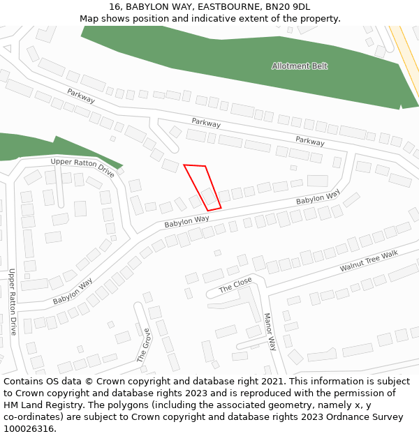 16, BABYLON WAY, EASTBOURNE, BN20 9DL: Location map and indicative extent of plot