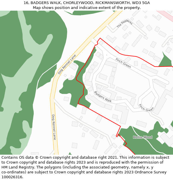 16, BADGERS WALK, CHORLEYWOOD, RICKMANSWORTH, WD3 5GA: Location map and indicative extent of plot