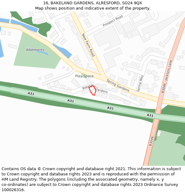 16, BAKELAND GARDENS, ALRESFORD, SO24 9QX: Location map and indicative extent of plot