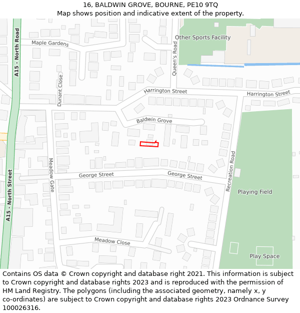 16, BALDWIN GROVE, BOURNE, PE10 9TQ: Location map and indicative extent of plot