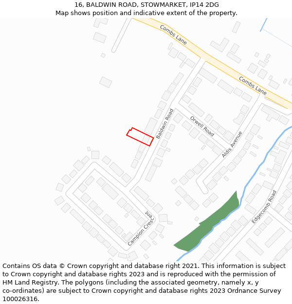 16, BALDWIN ROAD, STOWMARKET, IP14 2DG: Location map and indicative extent of plot