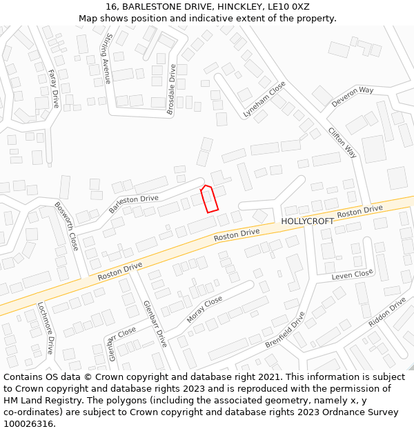 16, BARLESTONE DRIVE, HINCKLEY, LE10 0XZ: Location map and indicative extent of plot