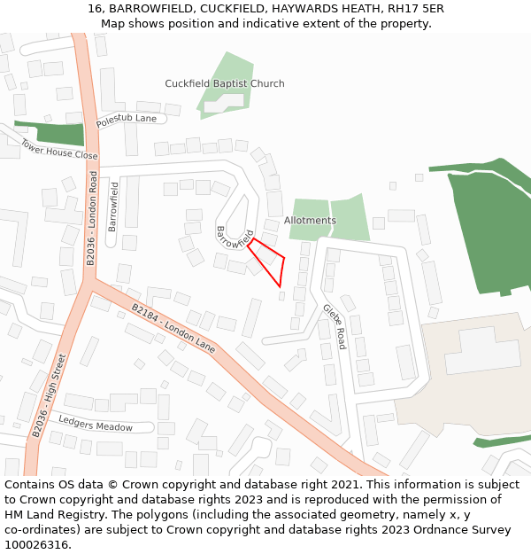 16, BARROWFIELD, CUCKFIELD, HAYWARDS HEATH, RH17 5ER: Location map and indicative extent of plot