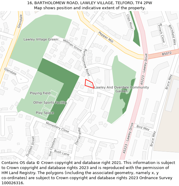 16, BARTHOLOMEW ROAD, LAWLEY VILLAGE, TELFORD, TF4 2PW: Location map and indicative extent of plot