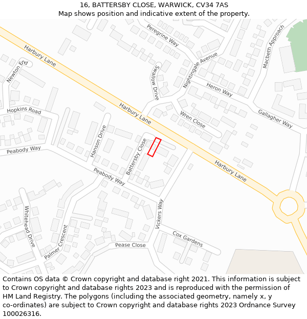 16, BATTERSBY CLOSE, WARWICK, CV34 7AS: Location map and indicative extent of plot