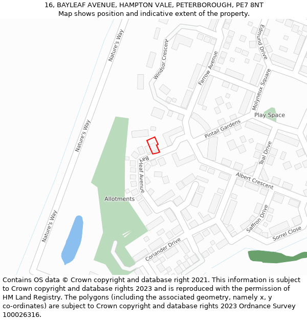 16, BAYLEAF AVENUE, HAMPTON VALE, PETERBOROUGH, PE7 8NT: Location map and indicative extent of plot