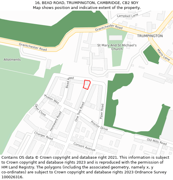 16, BEAD ROAD, TRUMPINGTON, CAMBRIDGE, CB2 9DY: Location map and indicative extent of plot