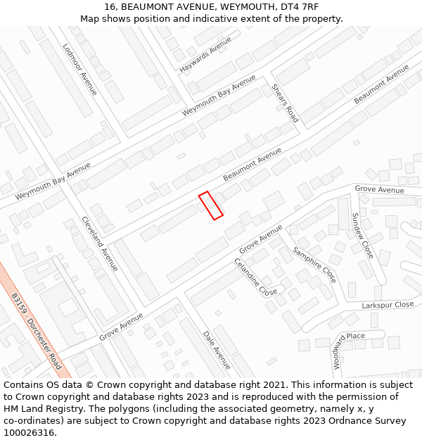 16, BEAUMONT AVENUE, WEYMOUTH, DT4 7RF: Location map and indicative extent of plot