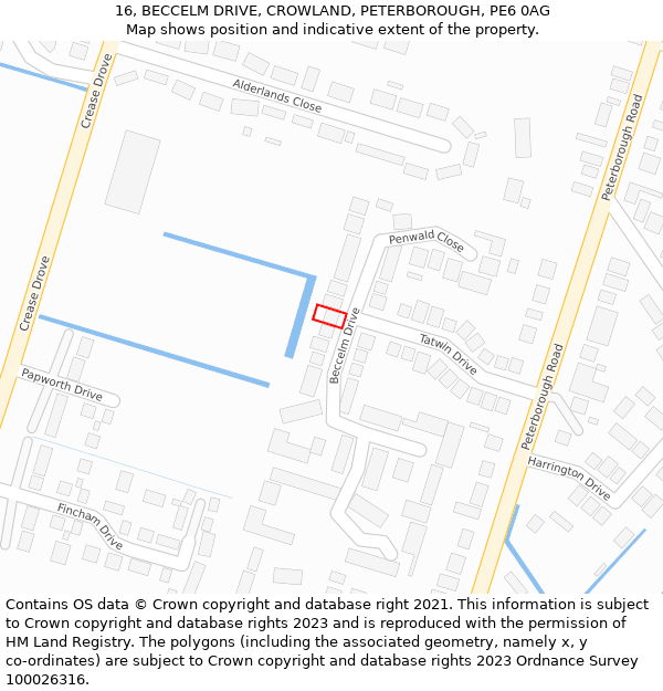 16, BECCELM DRIVE, CROWLAND, PETERBOROUGH, PE6 0AG: Location map and indicative extent of plot