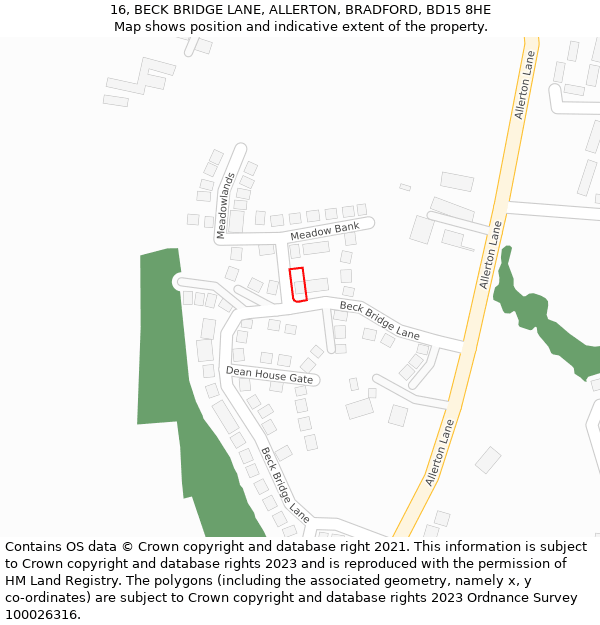 16, BECK BRIDGE LANE, ALLERTON, BRADFORD, BD15 8HE: Location map and indicative extent of plot